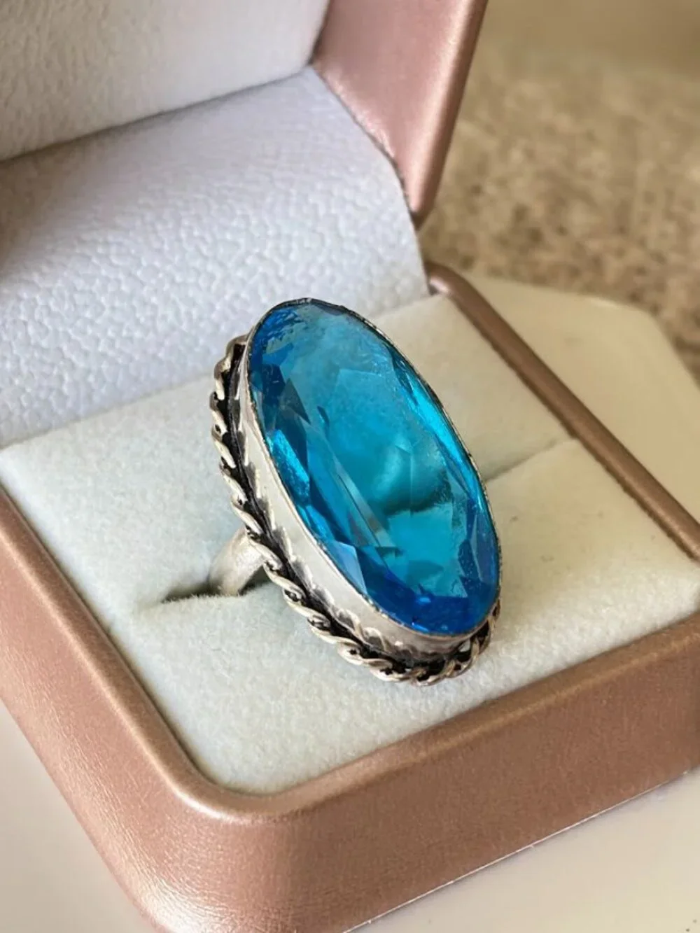 Simulated Blue Topaz Oval Stone Statement Ring 925 Silver Plated - Size 8